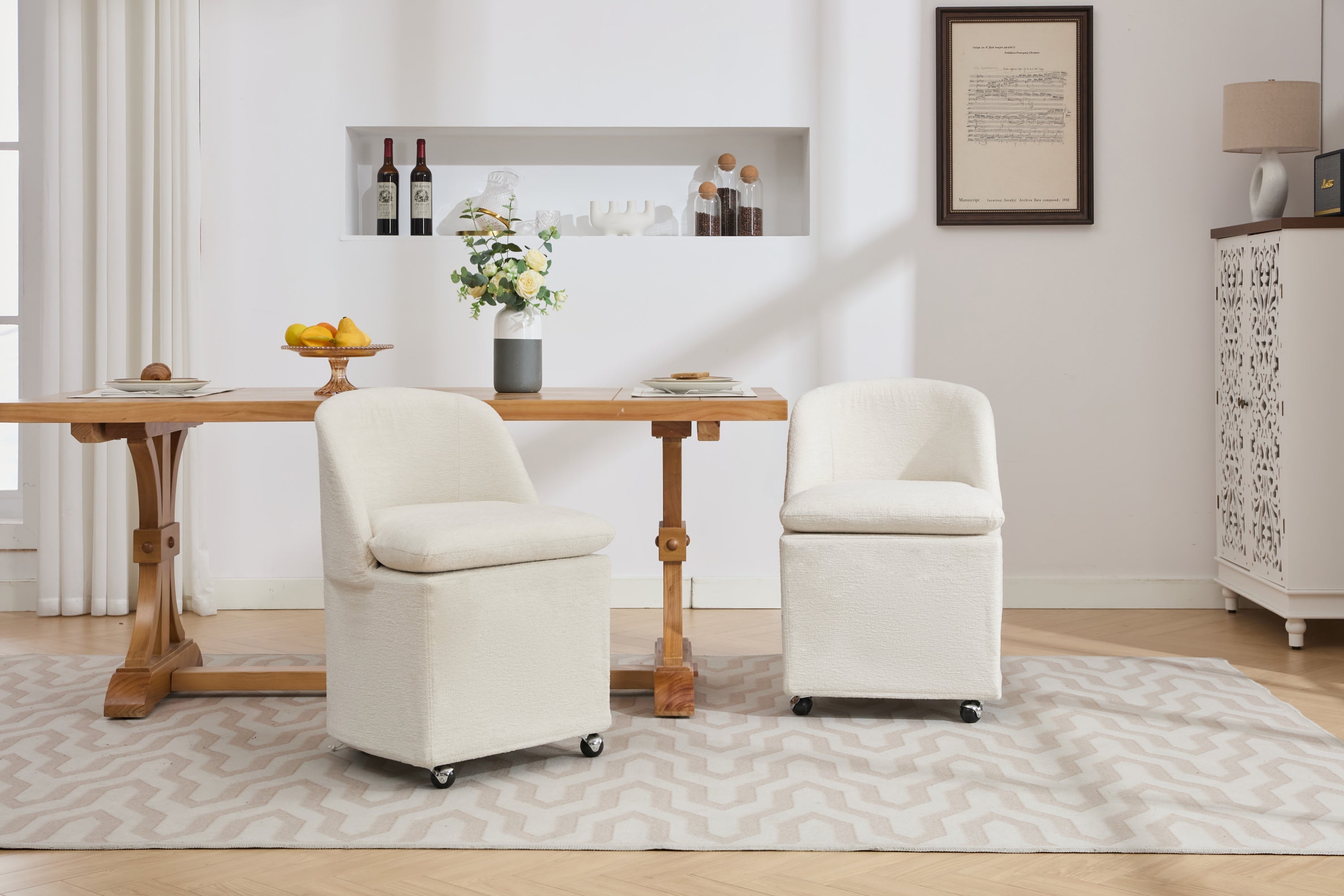 Greymont Chenille Upholstered Armless Dining Chairs With Wheels, Set of 2