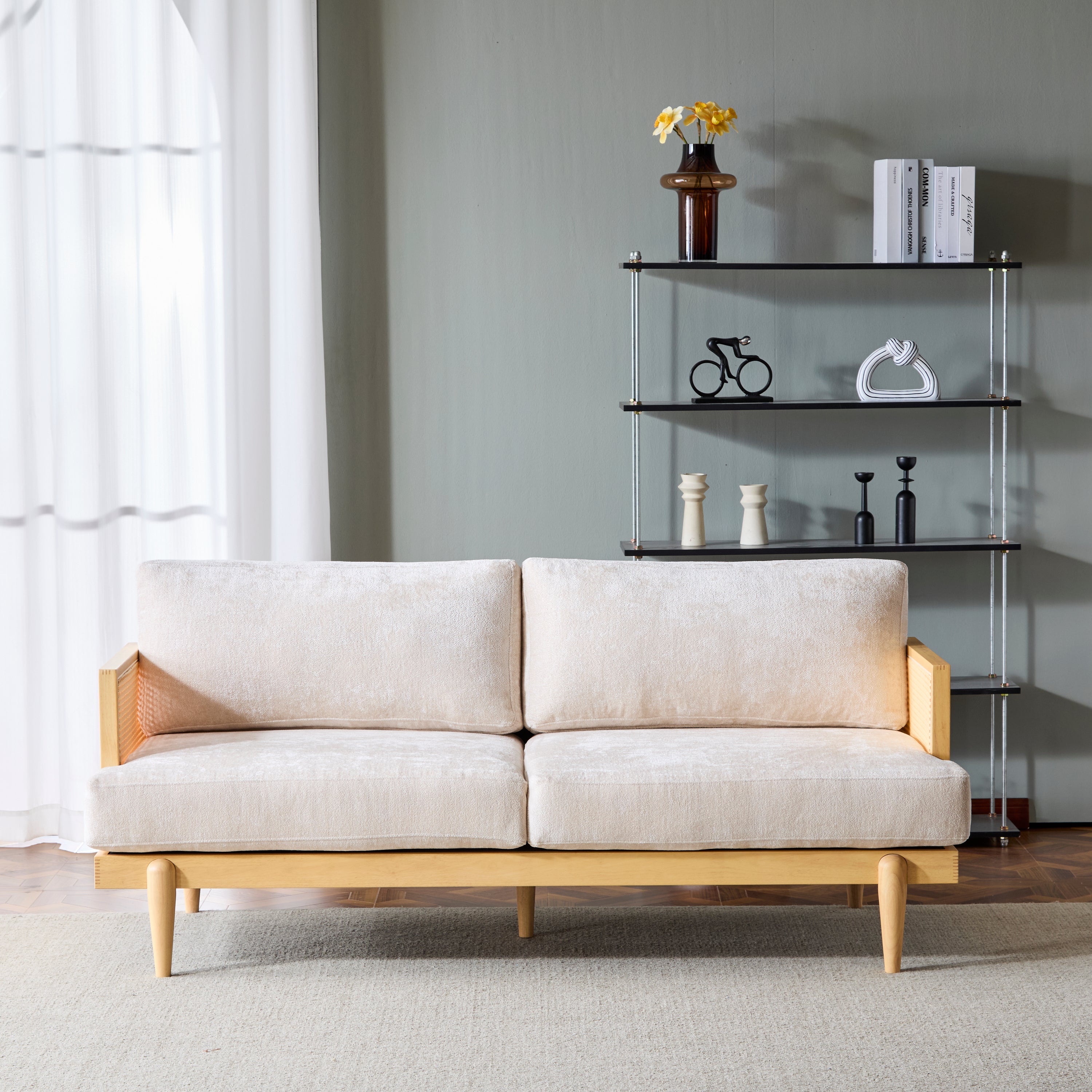 Square Arm 3-Seater Sofa with Cane Rattan and Wooden Frame