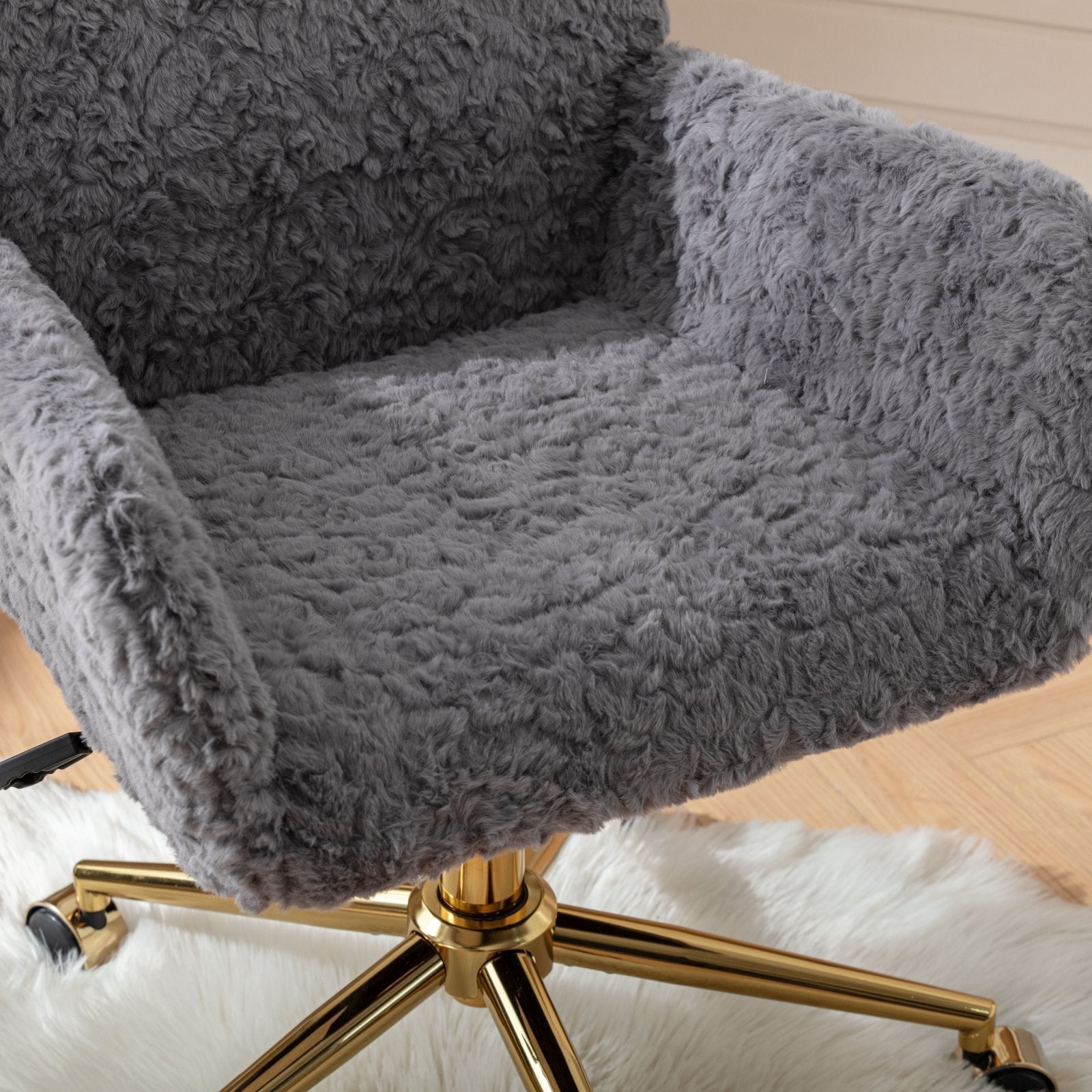 Faux Rabbit Hair Office Chair with Golden Metal Base, Adjustable Swivel