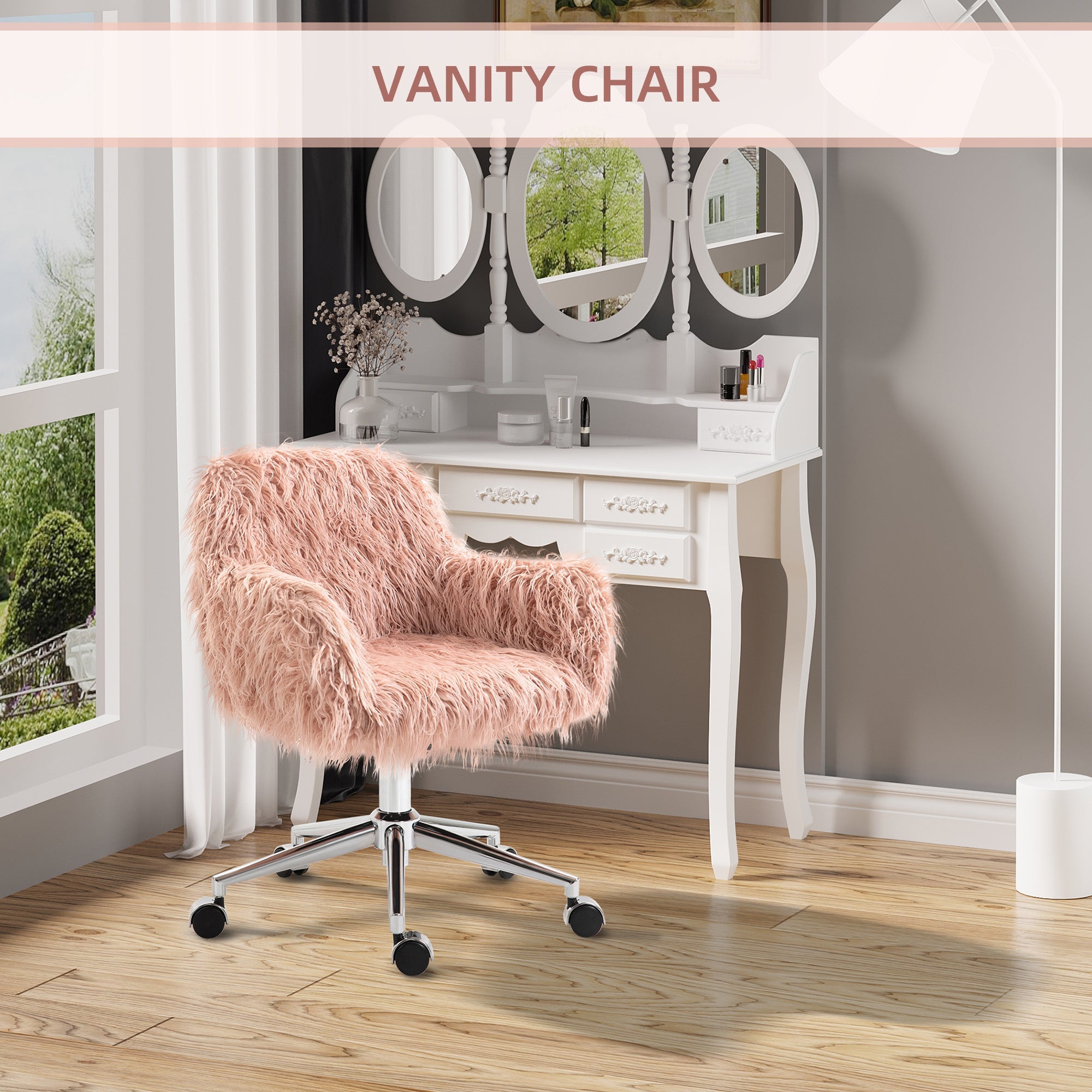 Faux Fur Desk Chair with Adjustable Height and Wheels