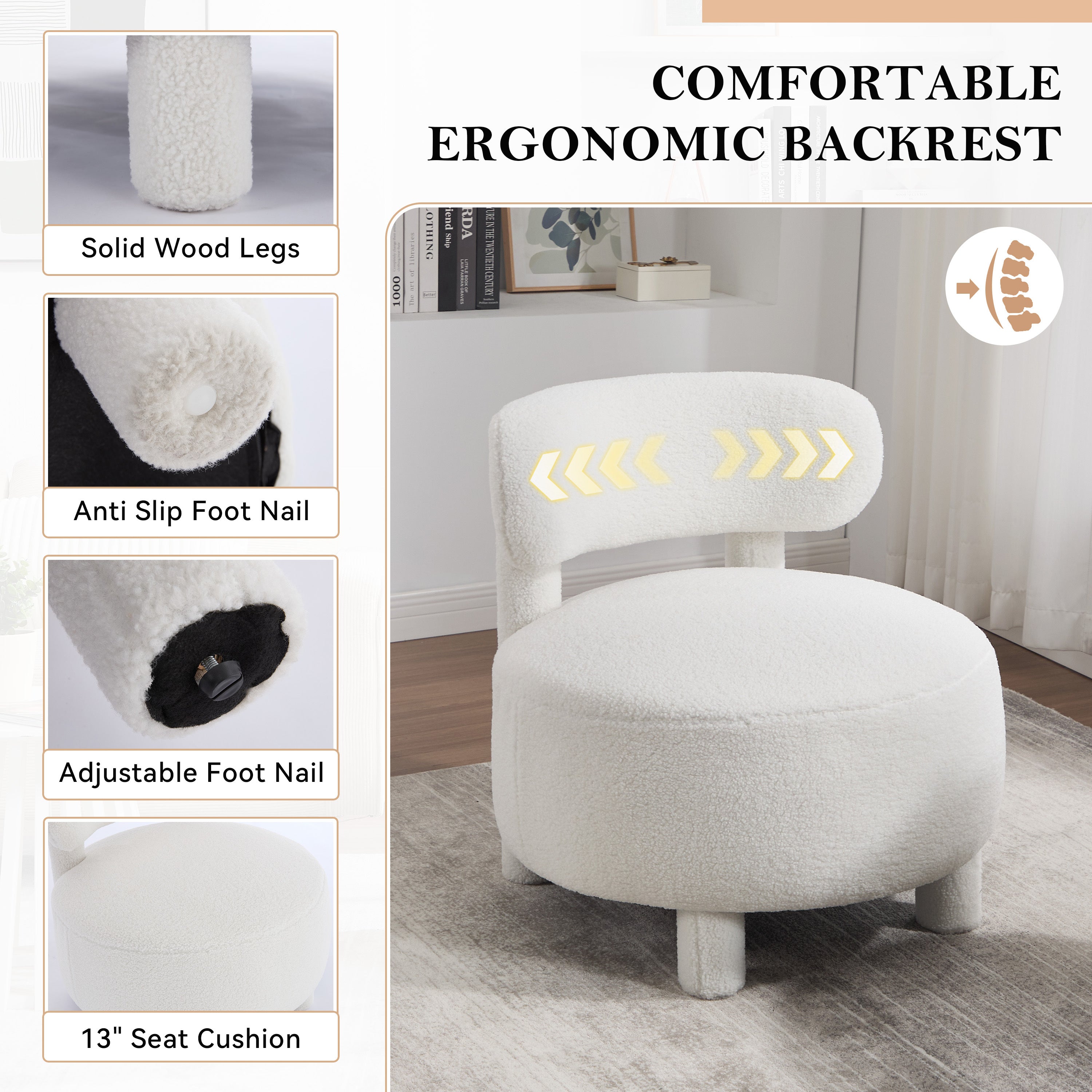 Armless Accent Chair with Curved Backrest and Solid Wooden Legs