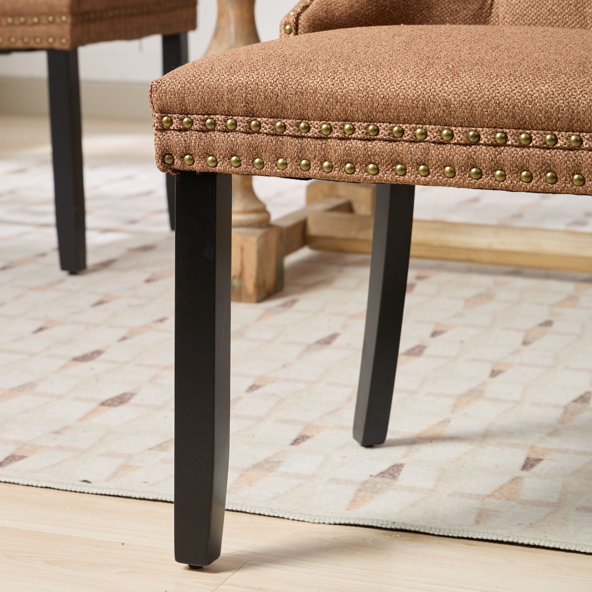 Rosewick Modern Tufted Linen Nailhead Trim Solid Wood Upholstered Dining Chair with Black Legs, Set of 2