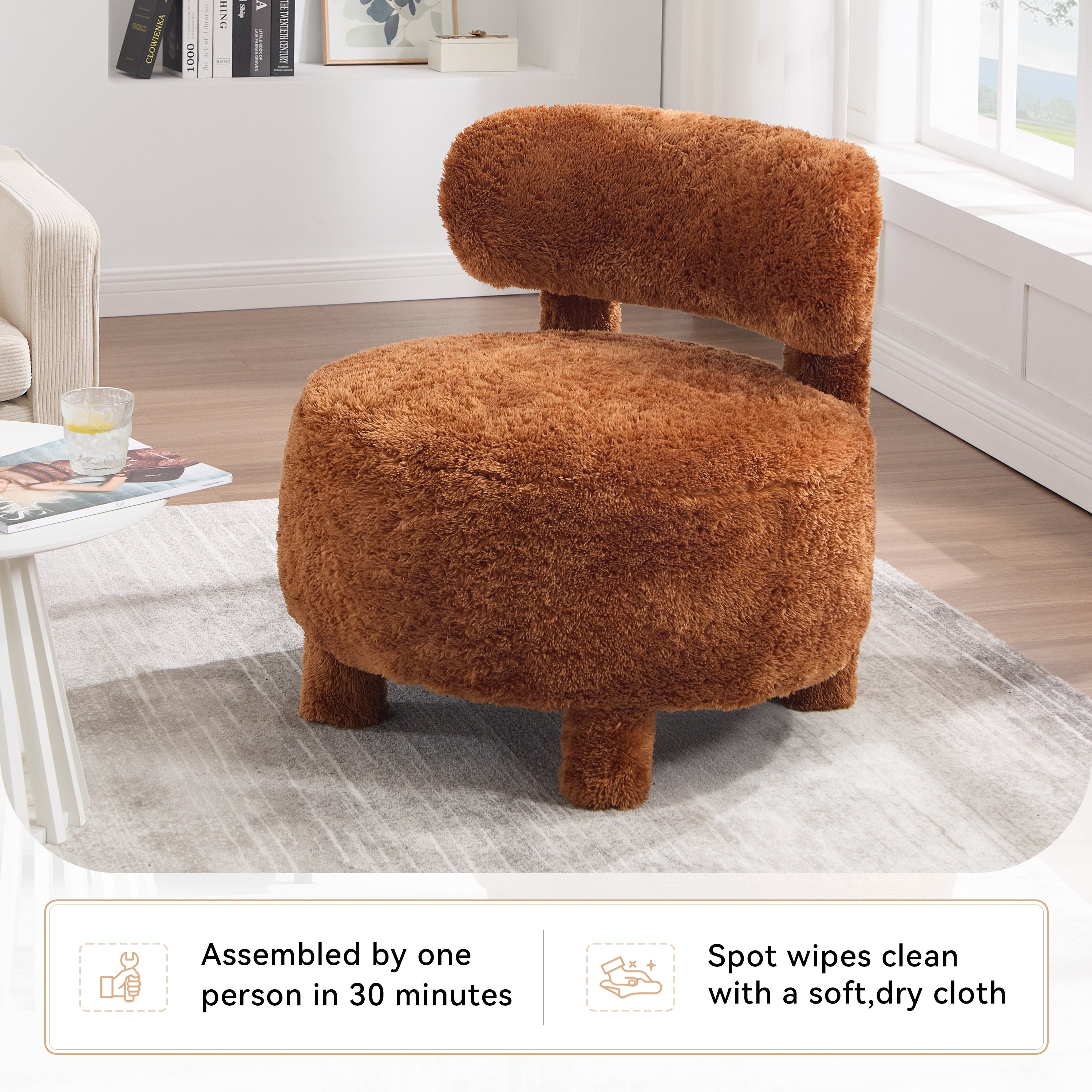 Fuzzy Armless Accent Chair with Curved Backrest and Solid Wooden Legs