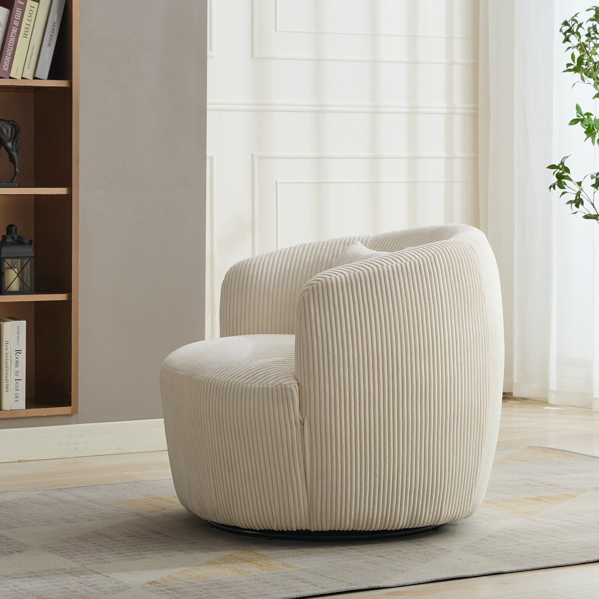 Wide Upholstered Corduroy 360° Swivel Barrel Soft Accent Chair with Pillow