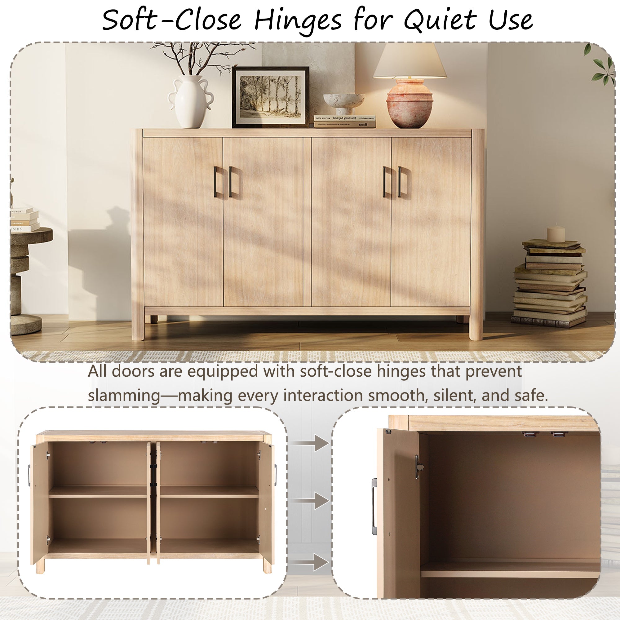 Farmhouse Style 4-Door Cabinet with Natural Distressed Finish