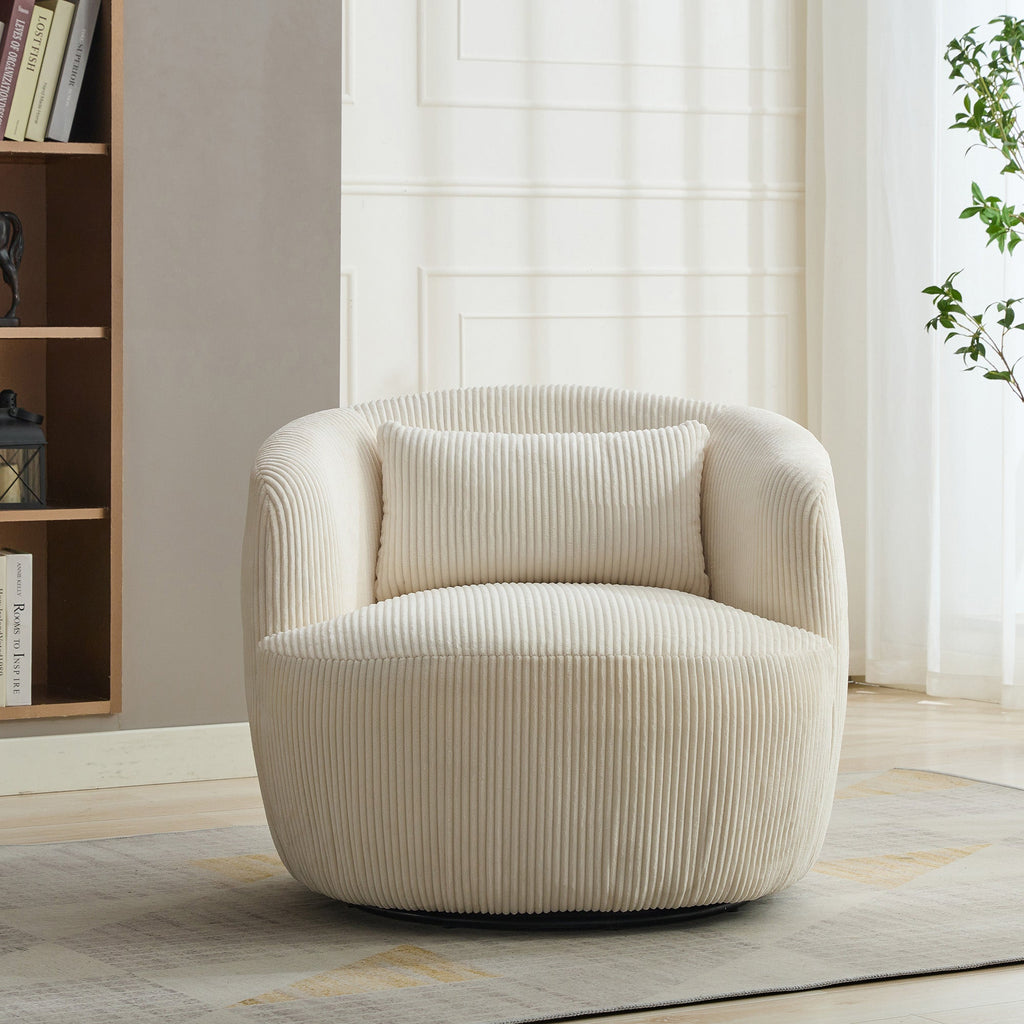 Wide Upholstered Corduroy 360° Swivel Barrel Soft Accent Chair with Pillow