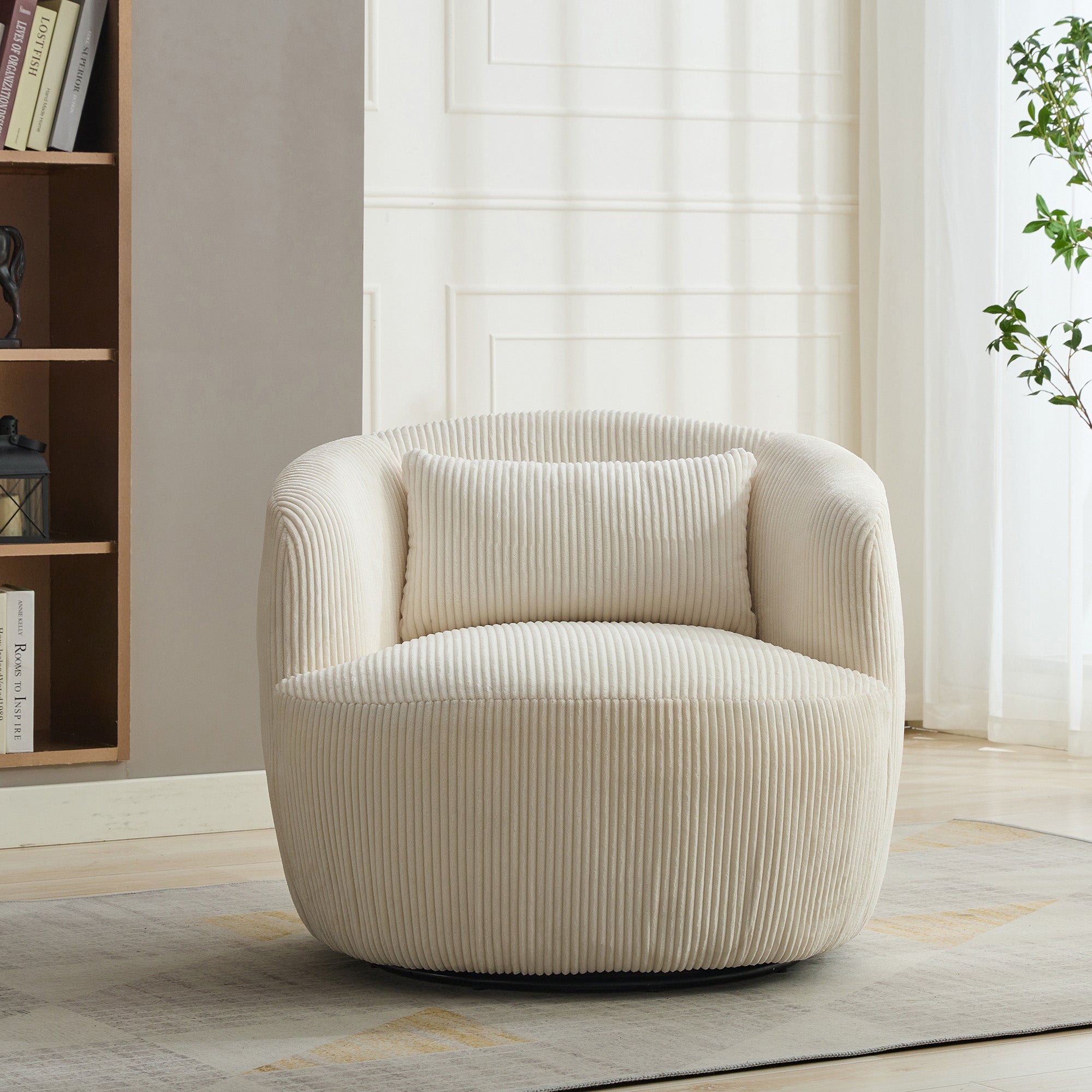 Wide Upholstered Corduroy 360° Swivel Barrel Soft Accent Chair with Pillow