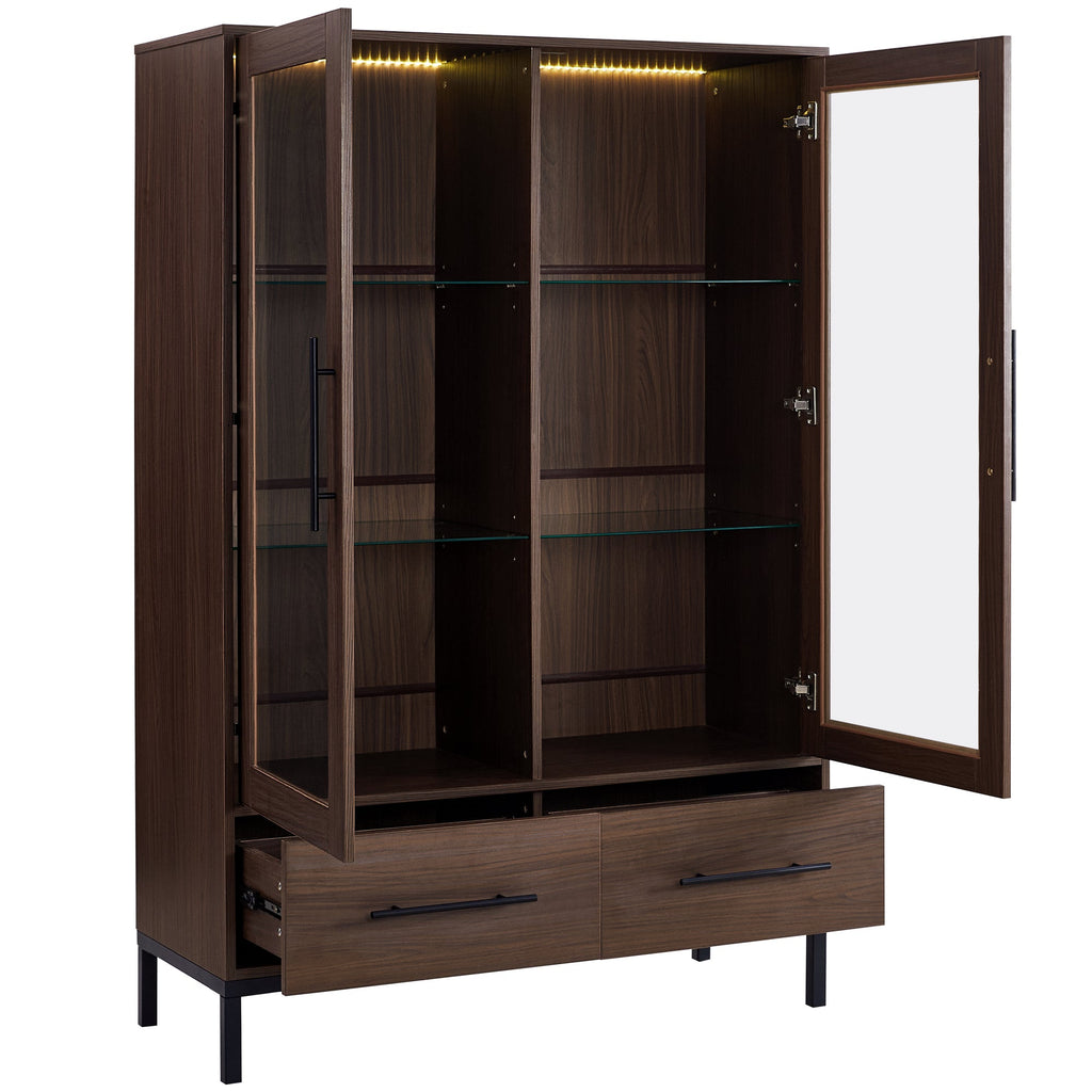 Wide Farmhouse Storage Cabinet with 4-Tier Adjustable Glass Shelves