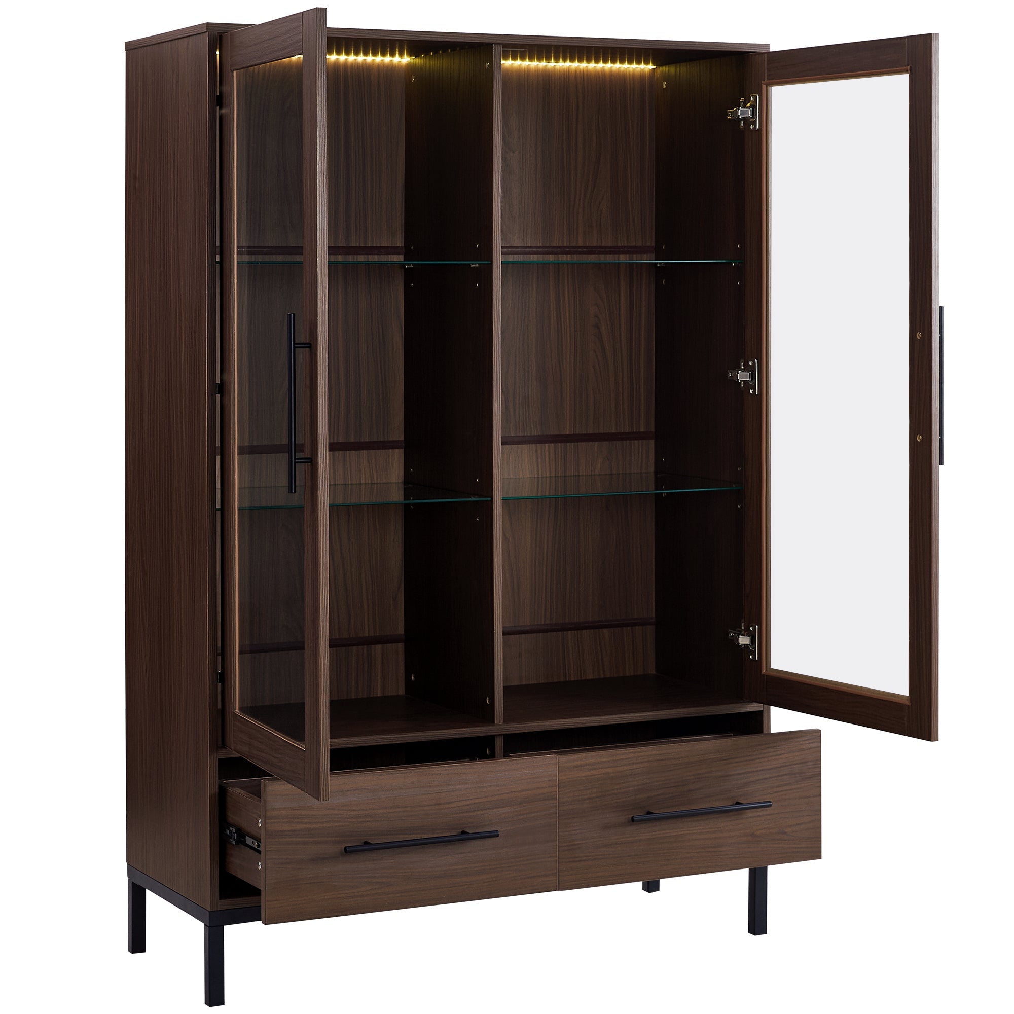 Wide Farmhouse Storage Cabinet with 4-Tier Adjustable Glass Shelves
