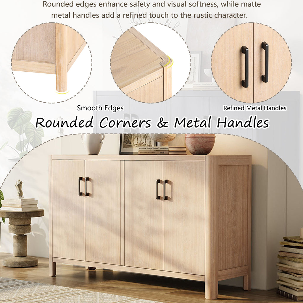 Farmhouse Style 4-Door Cabinet with Natural Distressed Finish
