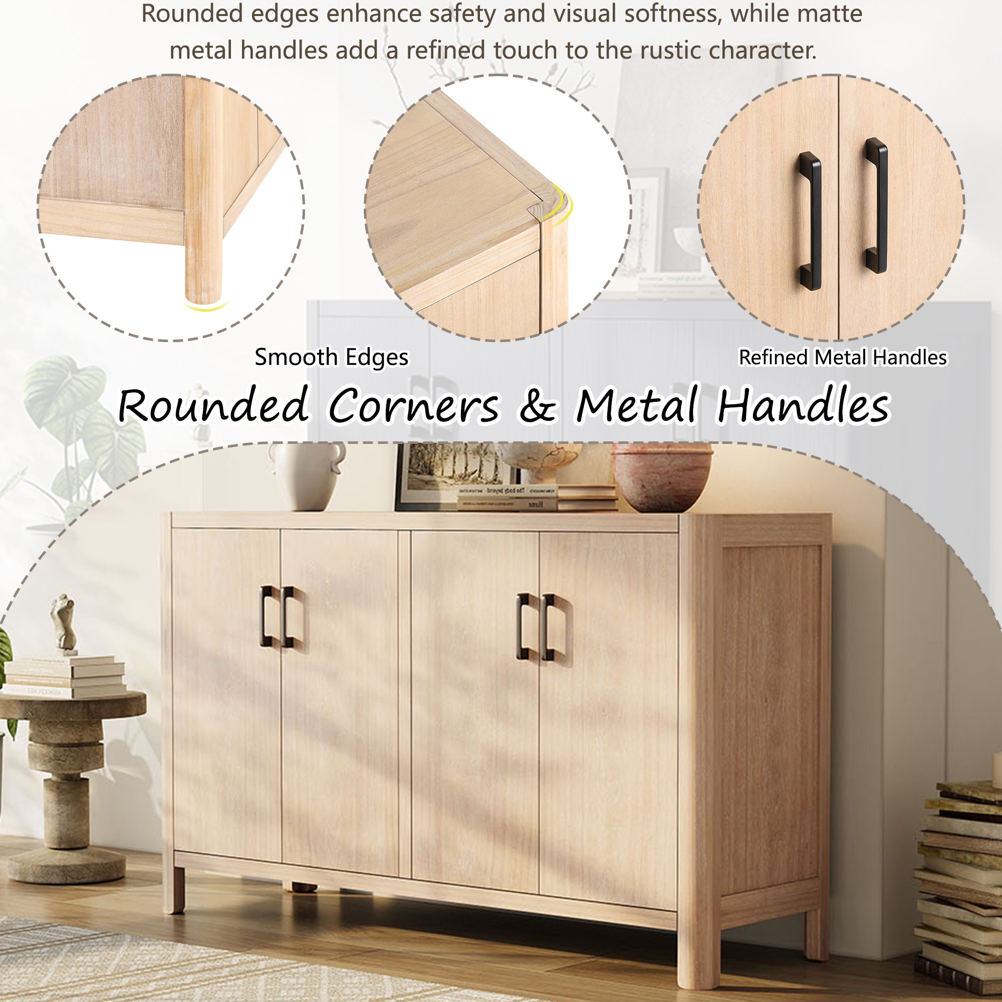 Farmhouse Style 4-Door Cabinet with Natural Distressed Finish