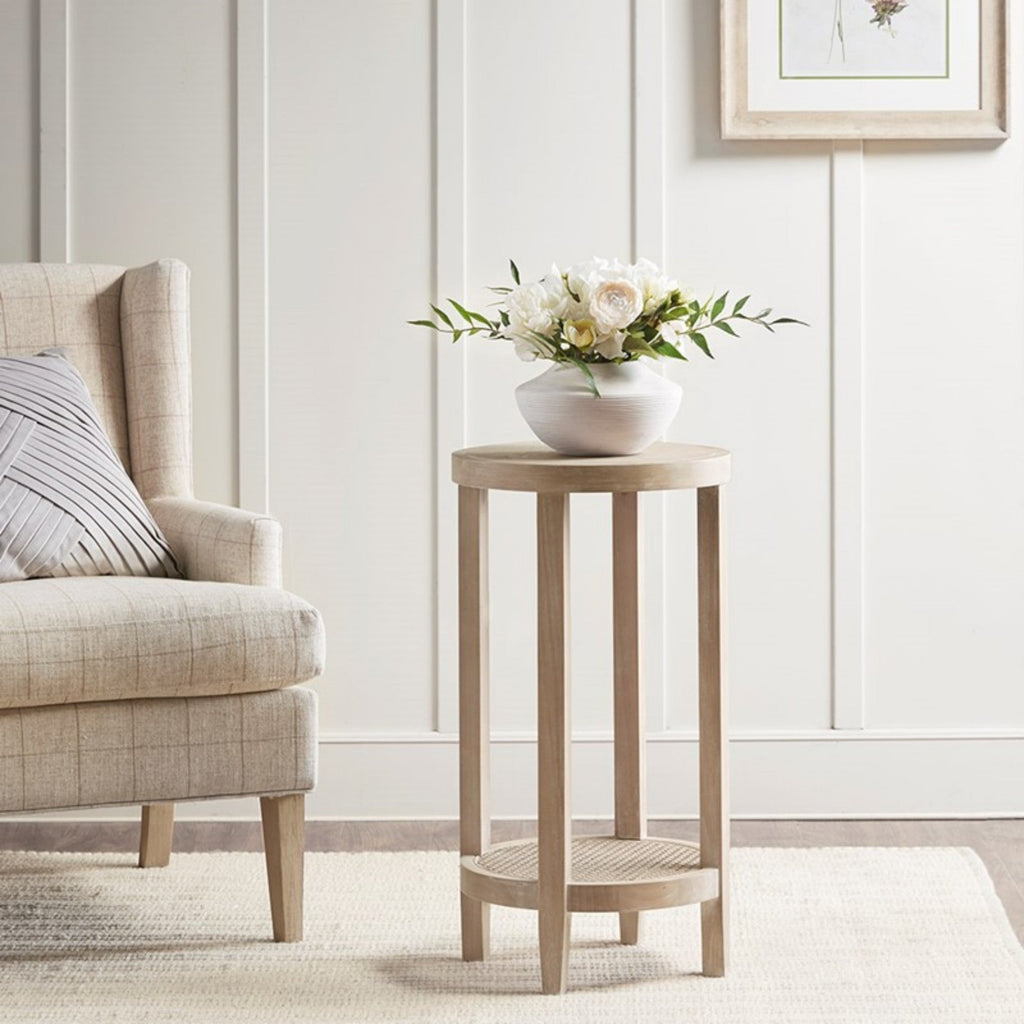 Bedford Round Accent Table with Rattan Shelf