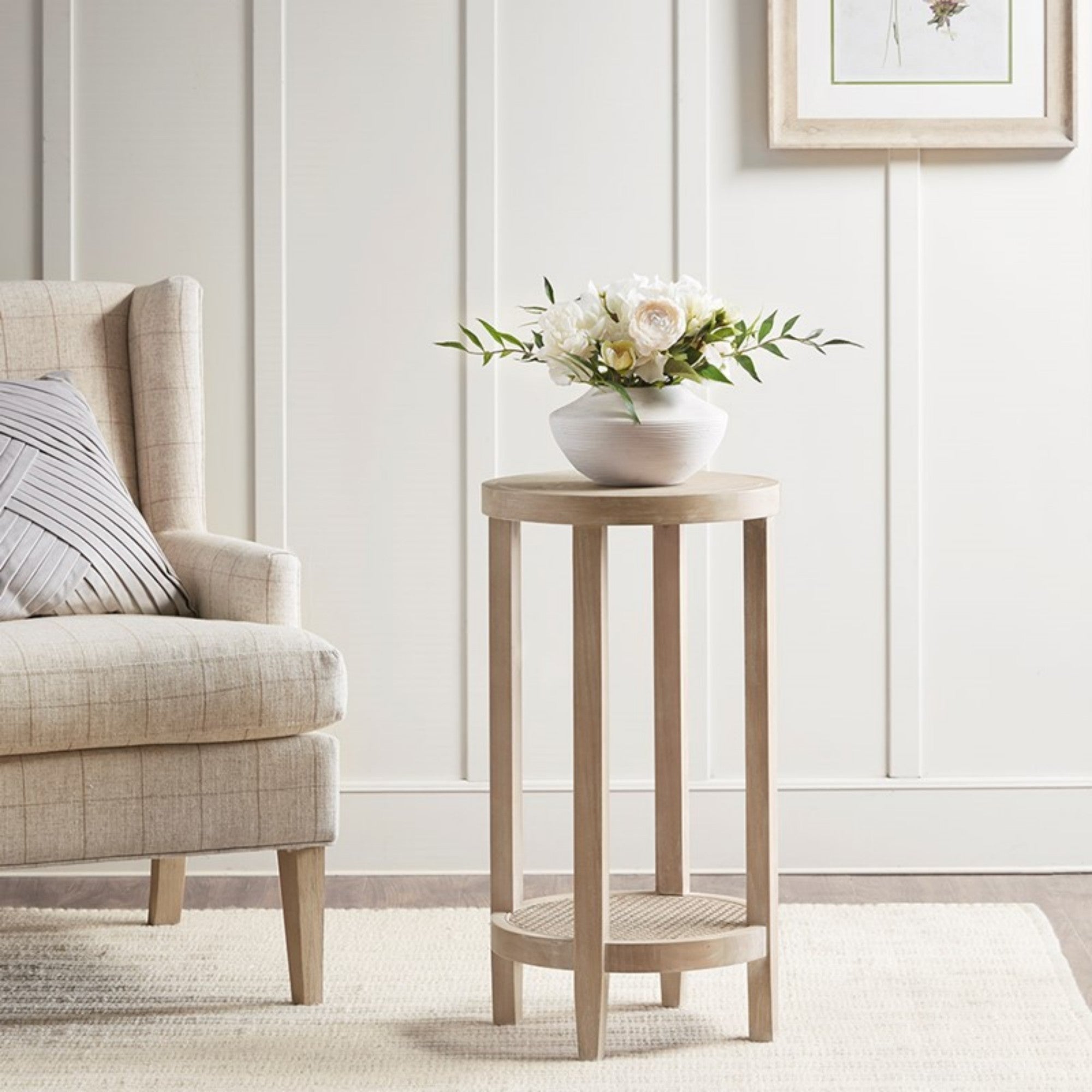 Bedford Round Accent Table with Rattan Shelf