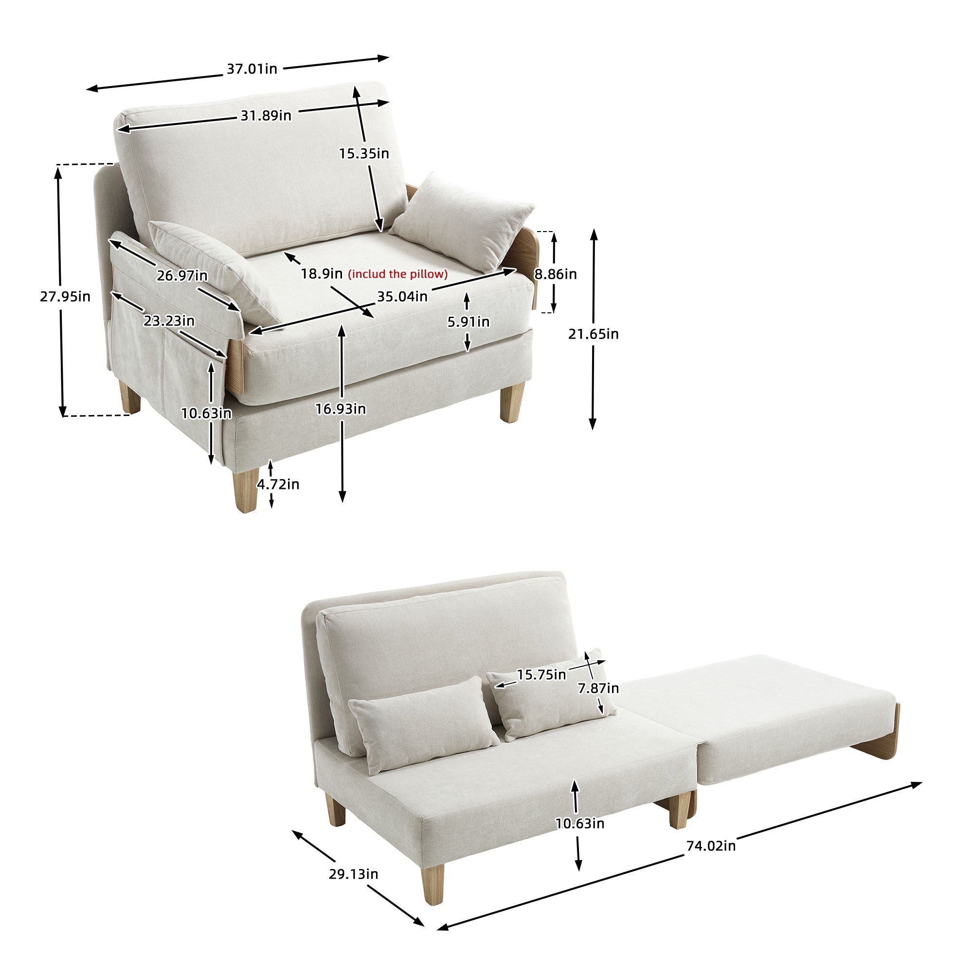 Mid-Century Modern Chenille Foldable Sofa Bed Recliner