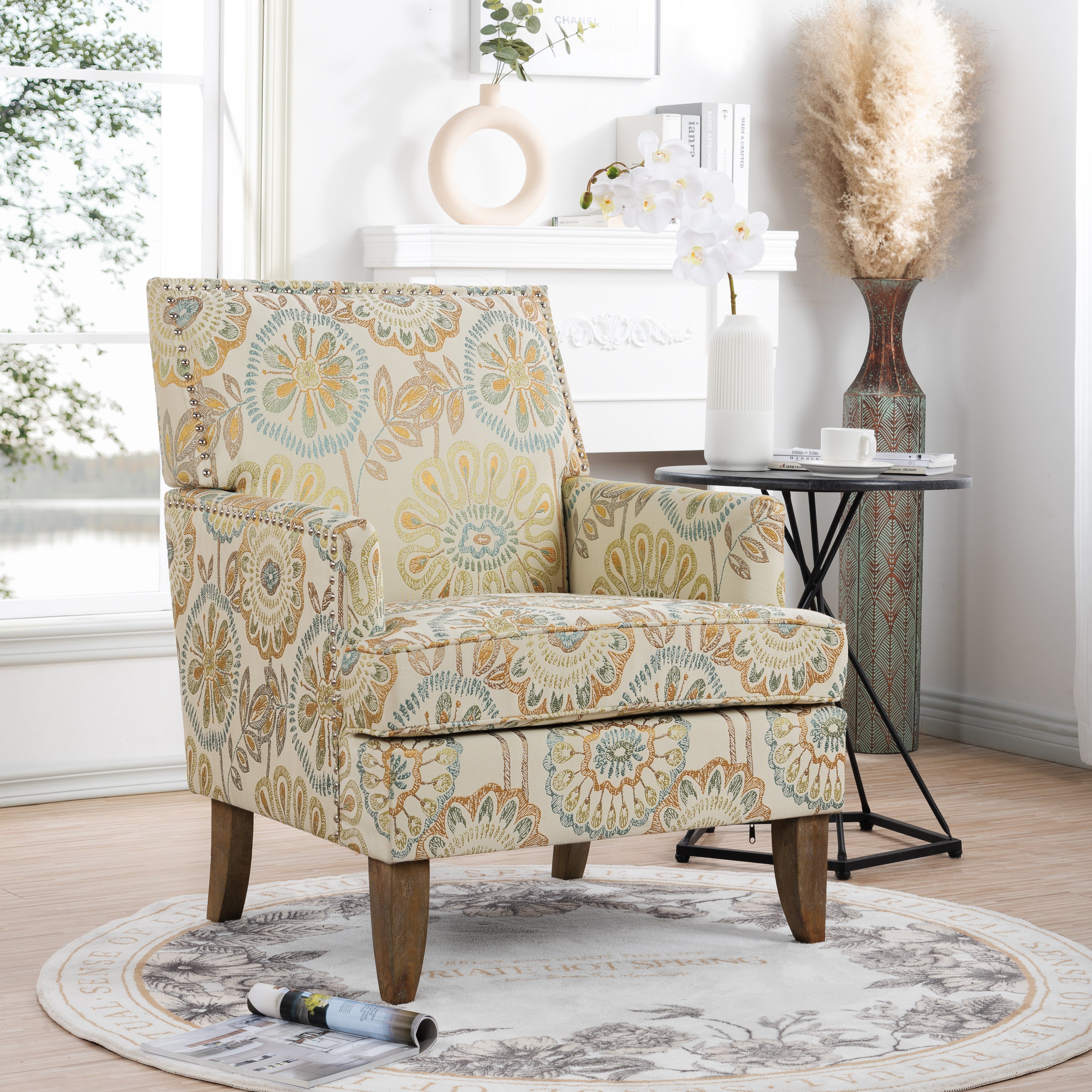 Golden Floral Nailhead Trim Accent Chair