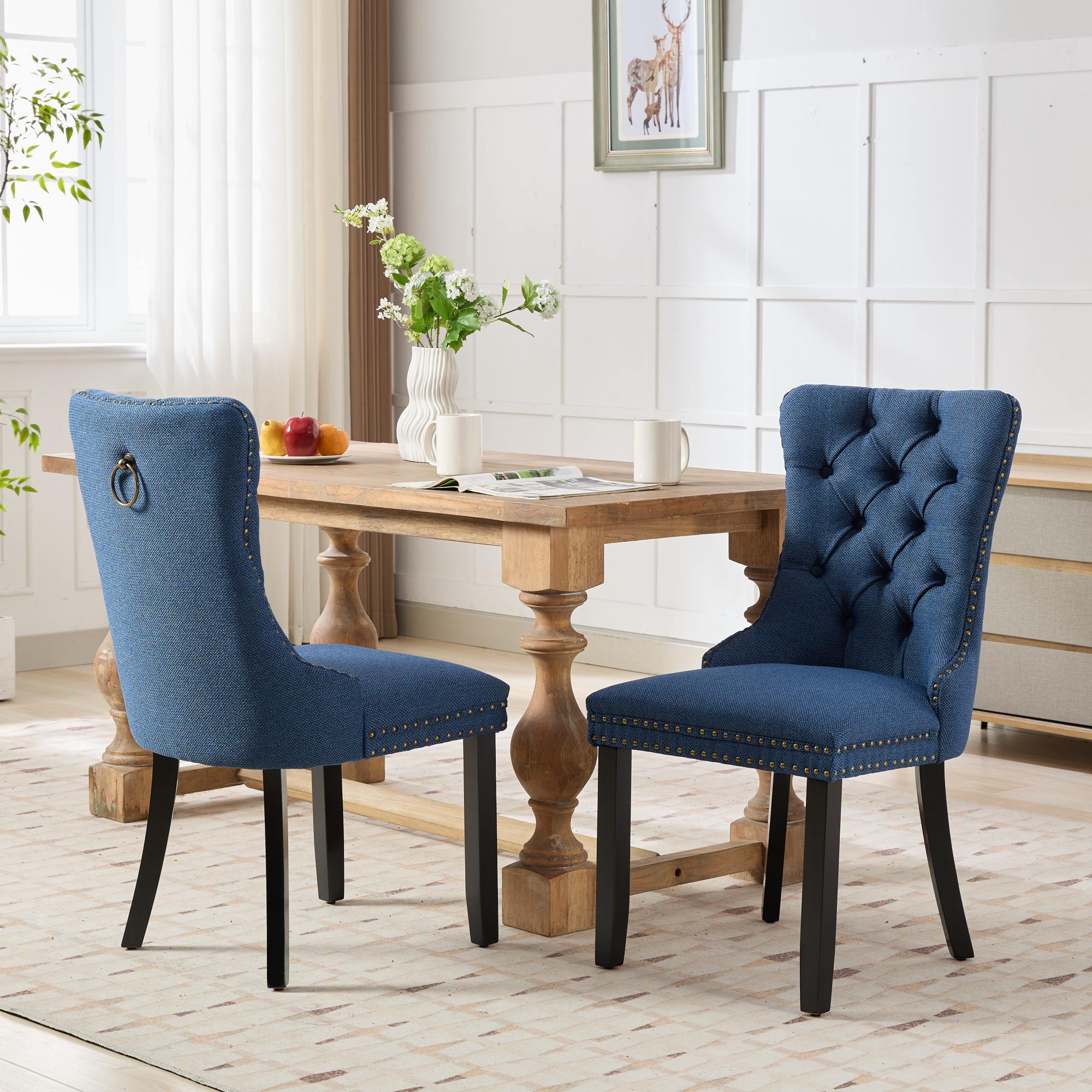 Rosewick Modern Tufted Linen Nailhead Trim Solid Wood Upholstered Dining Chair with Black Legs, Set of 2
