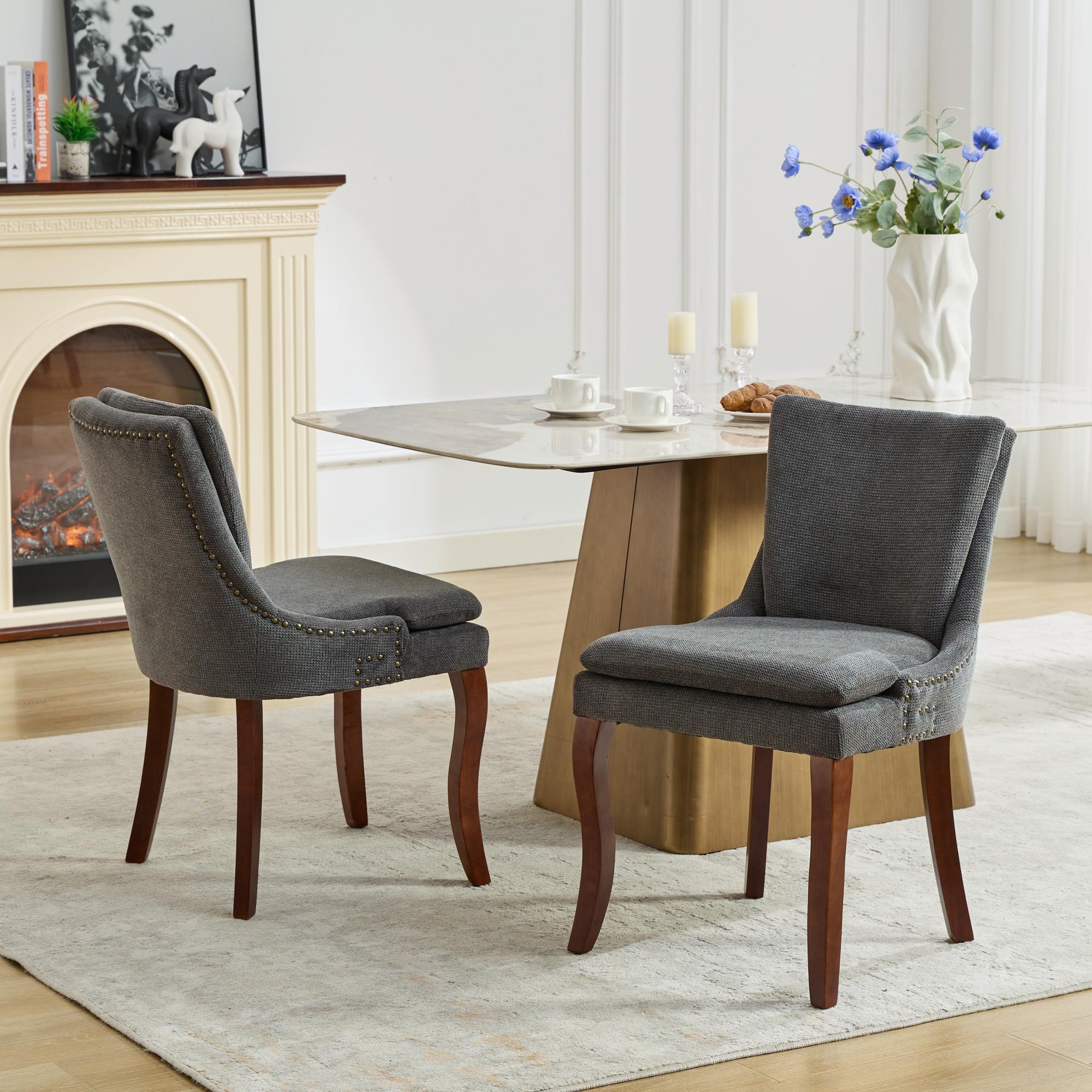 ChenilleUpholstered Dining Chairs with Curved Solid Wood Legs, Set of 2